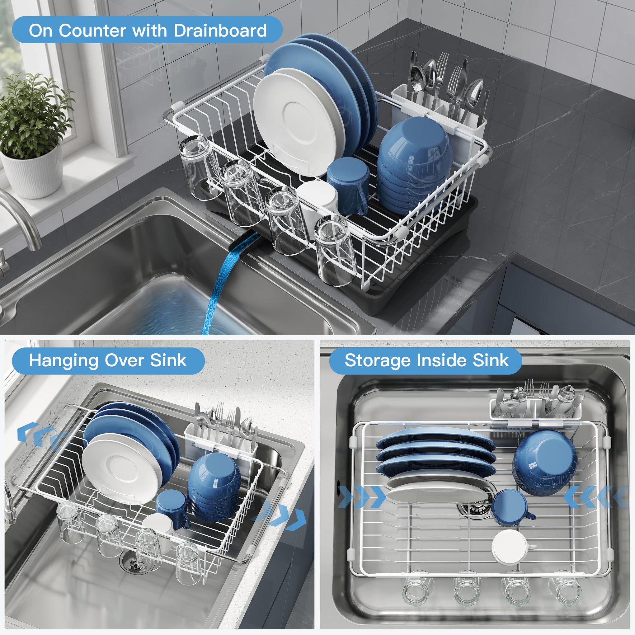 White Dish Drying Rack in Sink with Drainboard and Utensil Holder