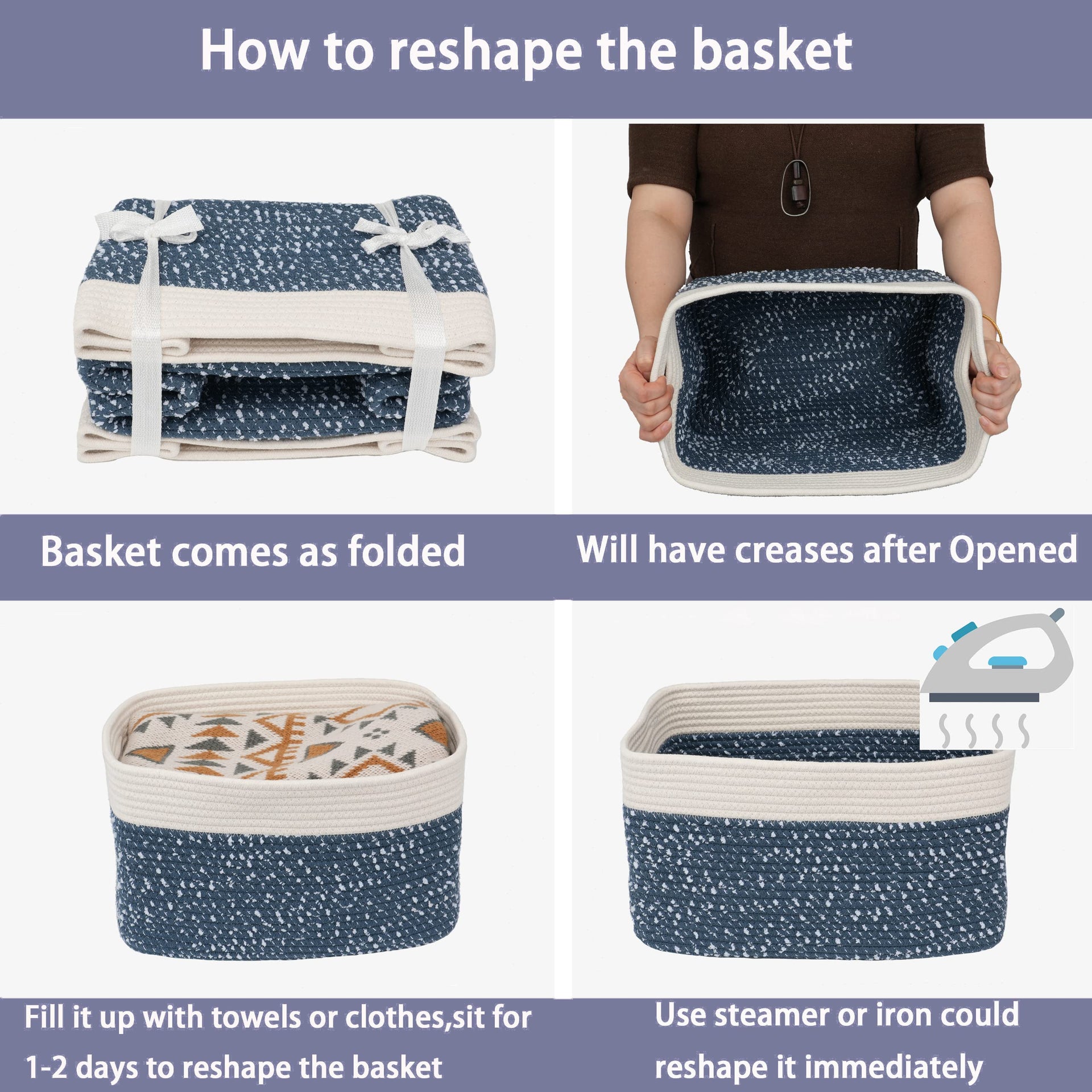 Woven Cotton Rope Storage Baskets 15x10x9.3" 3 Pack White and Blue