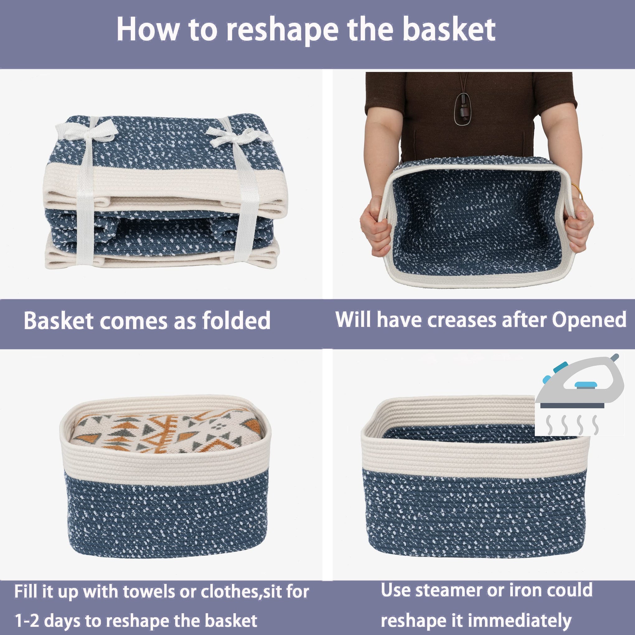 Woven Cotton Rope Storage Baskets 15x10x9.3" 3 Pack White and Blue