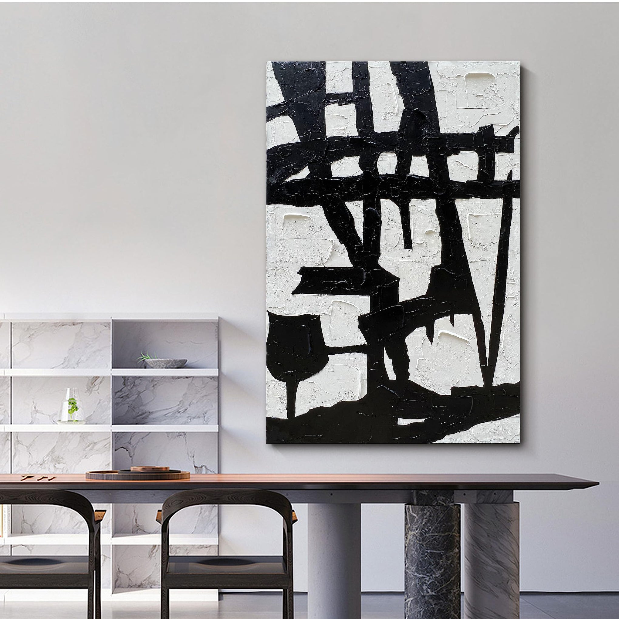 Hand Painted Black and White Wall Art Minimalist Black and White Abstract Painting Large Oil on Canvas Texture Wall Art 45x30 inches