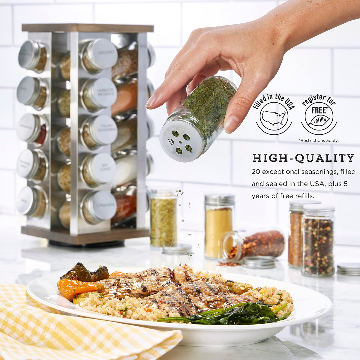 20 Jar Vintage Revolving Countertop Spice Rack Organizer with Spices Included
