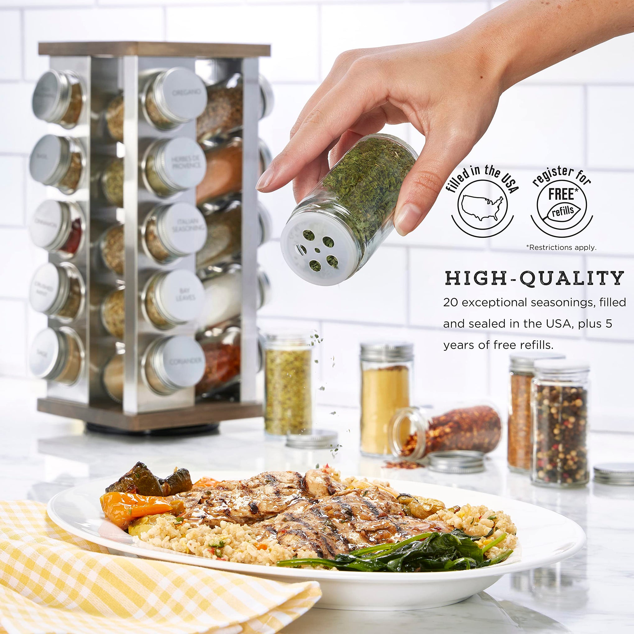 20 Jar Vintage Revolving Countertop Spice Rack Organizer with Spices Included