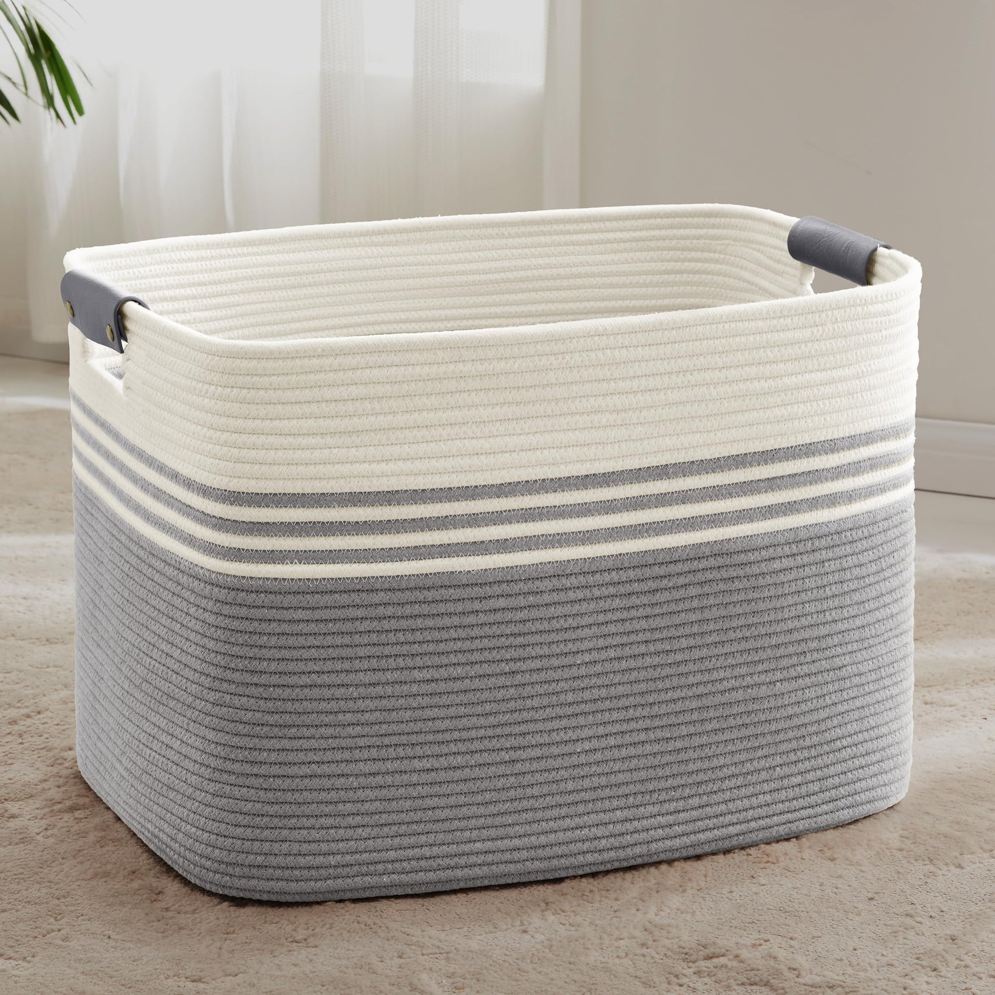 100L Large Woven Laundry Basket Hamper with Leather Handles