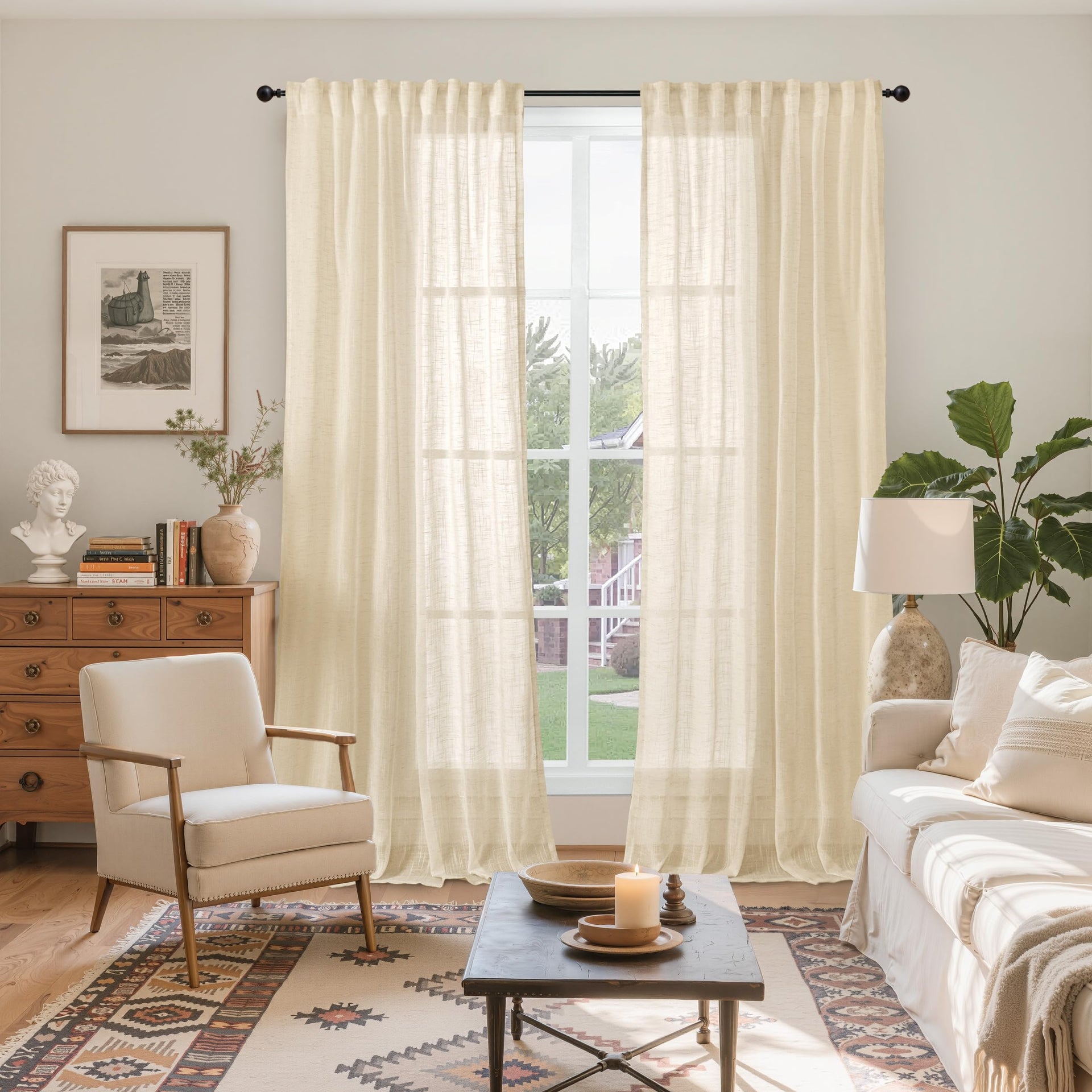Tan Linen Semi Sheer Curtains for Farmhouse Living Room 52x84 Inch Length (2 Count)