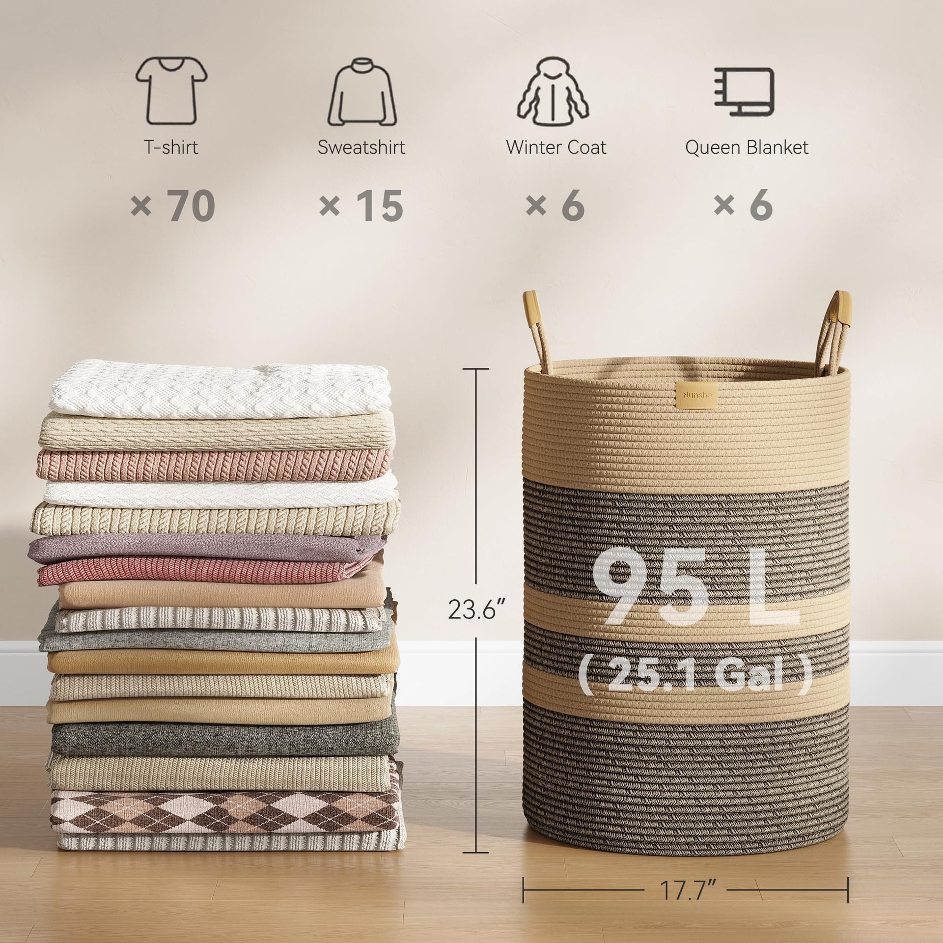 95L Striped Laundry Hamper with Leather Handles