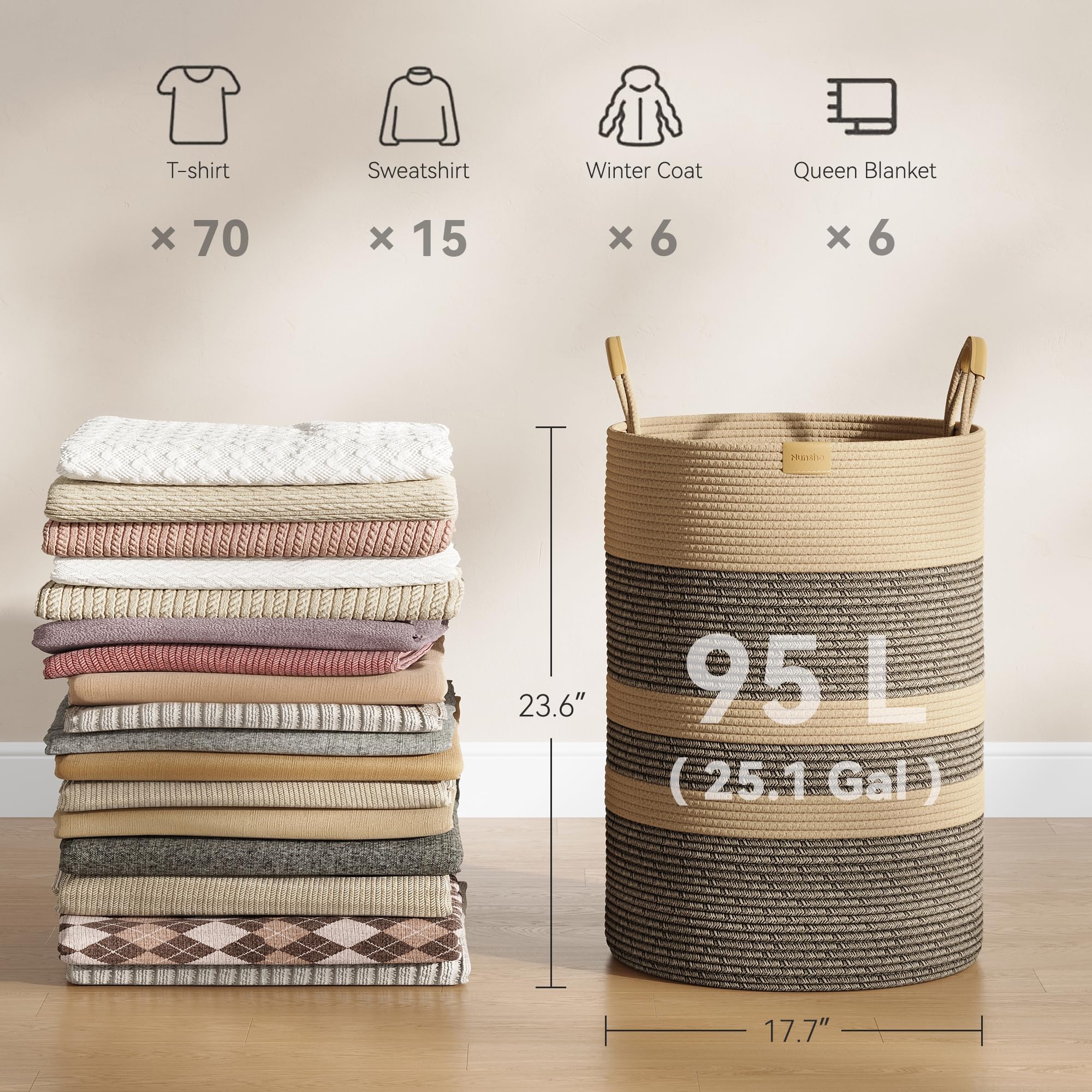 95L Striped Laundry Hamper with Leather Handles