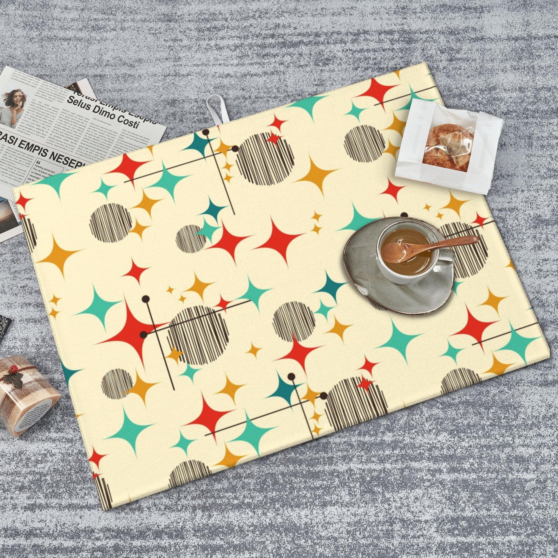 Mid Century Modern Atomic Retro Dish Drying Mat for Kitchen Counter