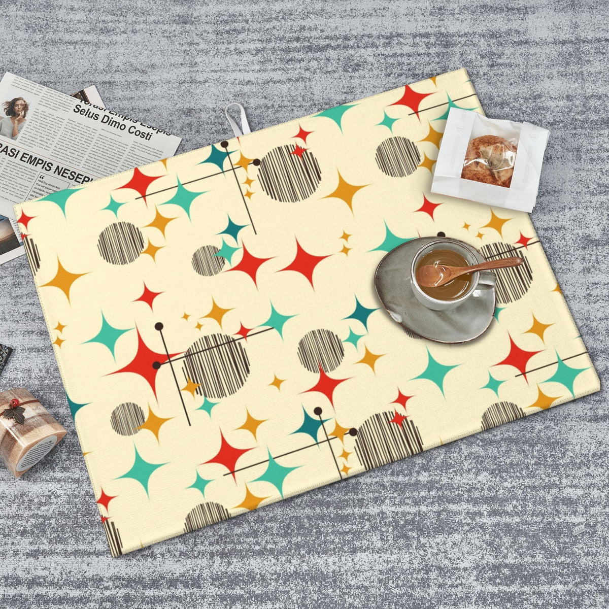 Mid Century Modern Atomic Retro Dish Drying Mat for Kitchen Counter