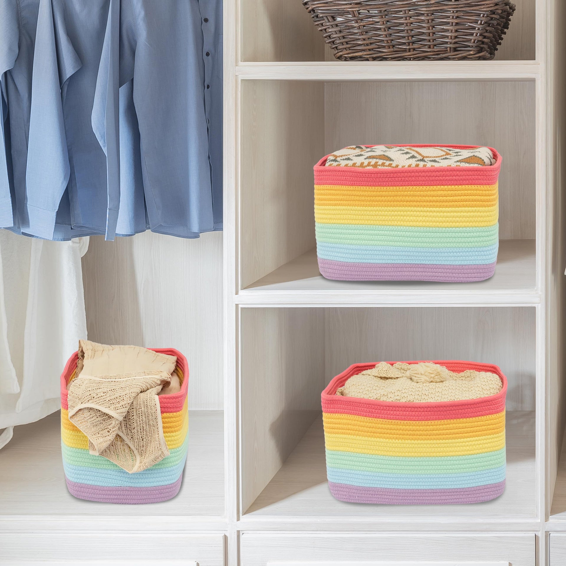Woven Cotton Rope Storage Baskets 15x10x9.3" 3 Pack Rainbow