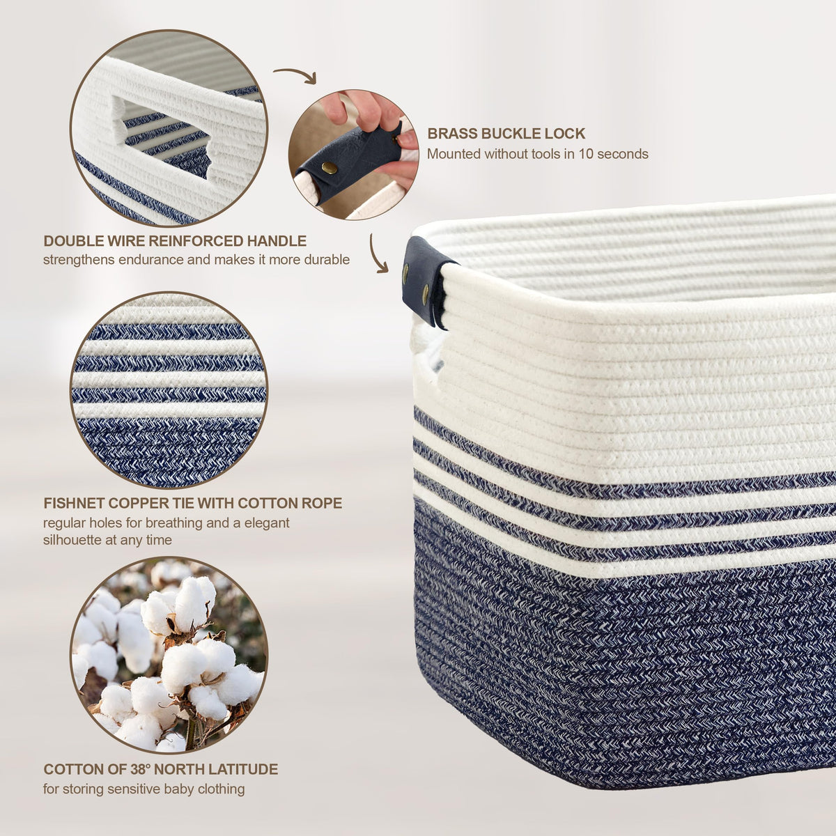 60L Woven Laundry Basket Hamper with Leather Handles