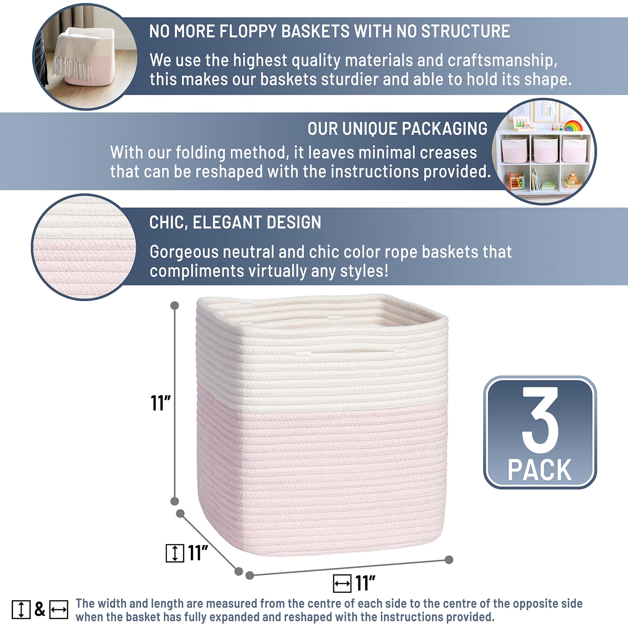 Storage Cubes 11 Inch Cotton Rope Woven Baskets for Organizing (3 Count)