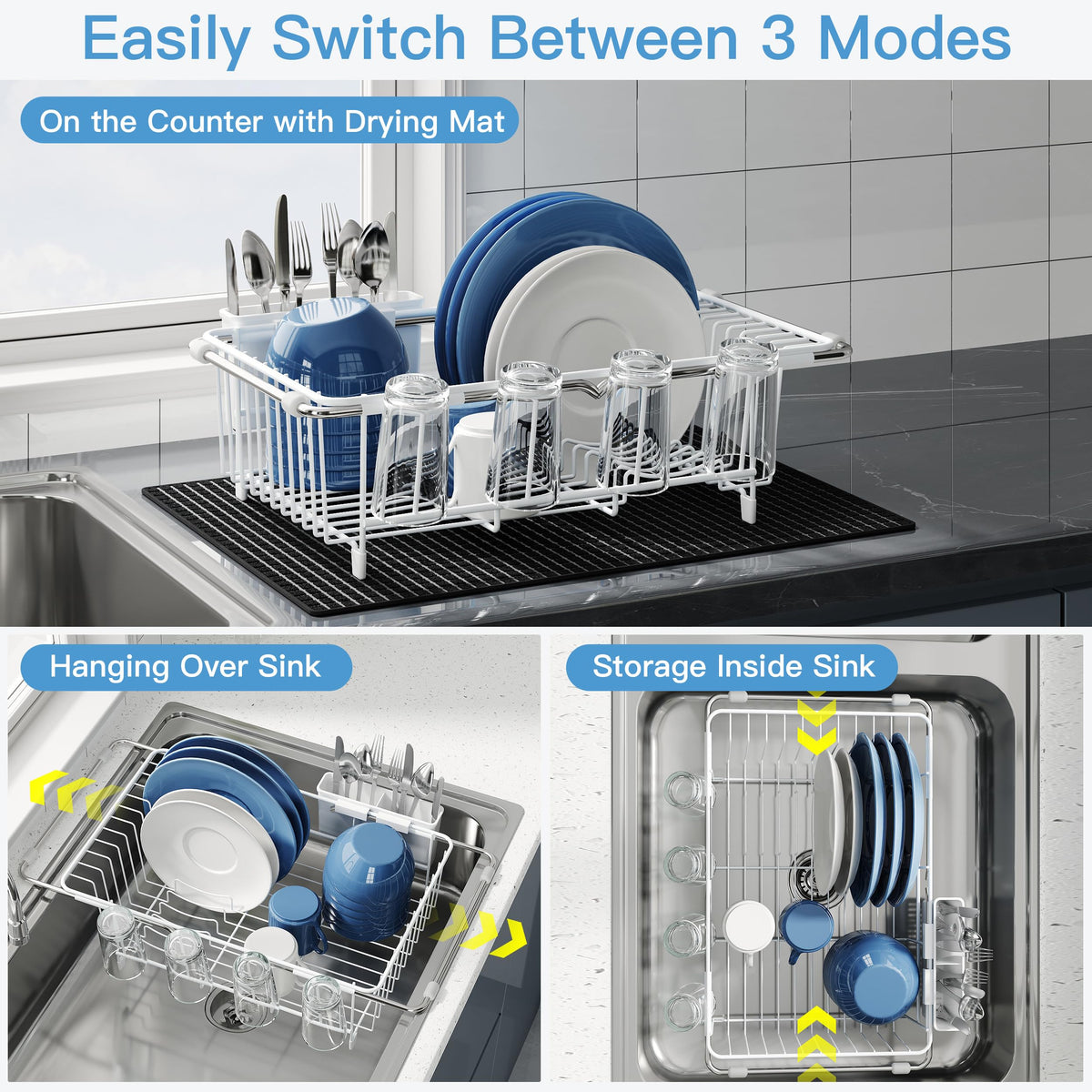 White Dish Drying Rack in Sink with Mat
