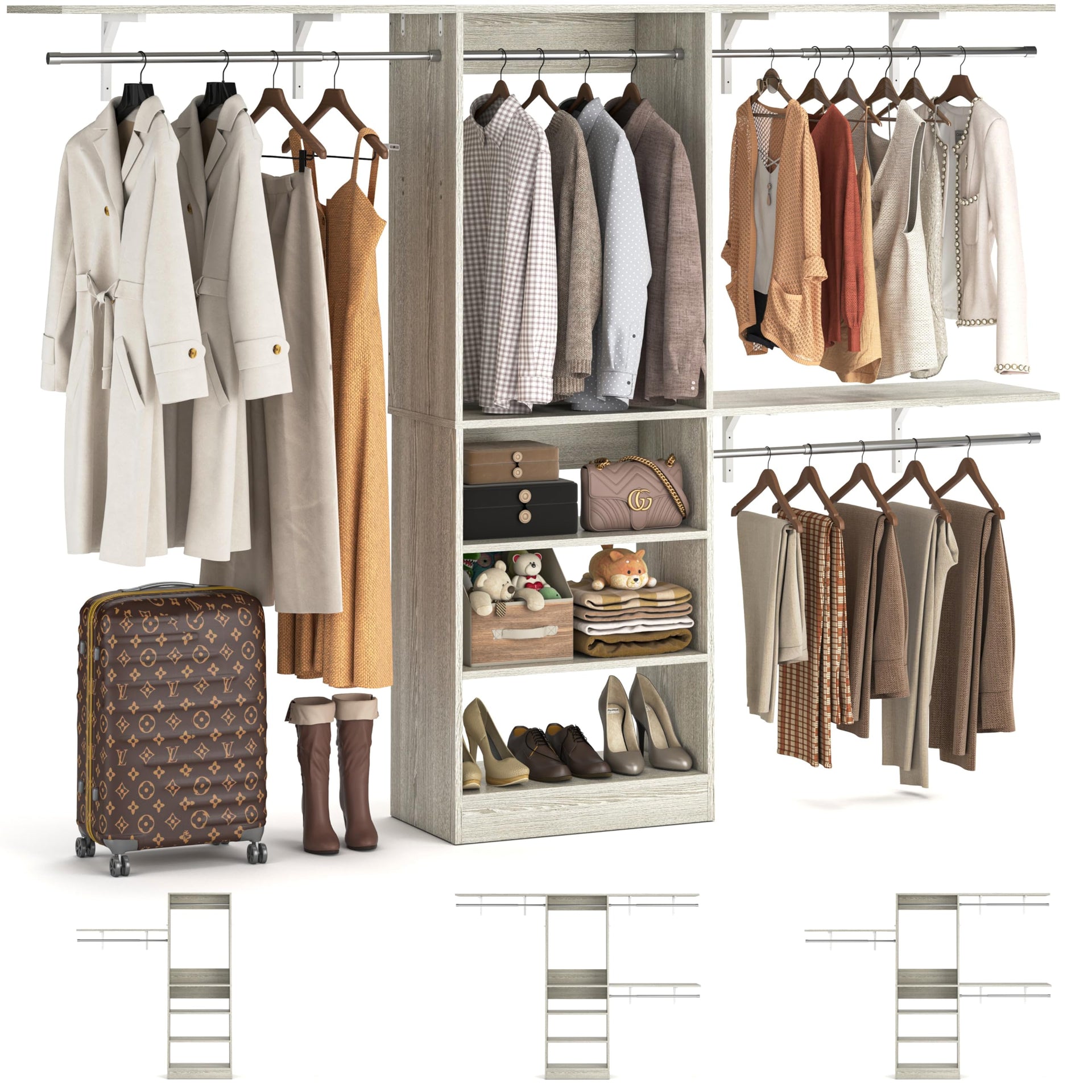 8FT Closet System with 3 Wooden Storage Shelves