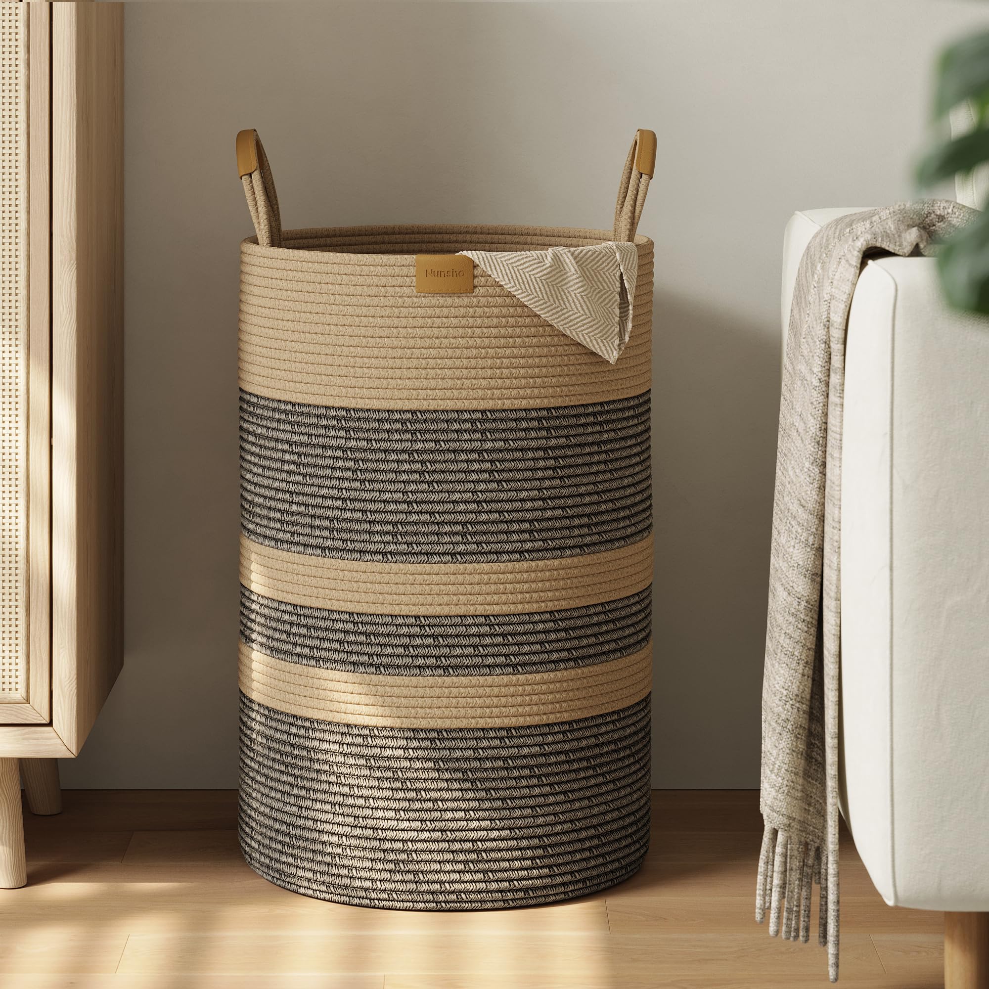 75L Striped Laundry Hamper with Leather Handles