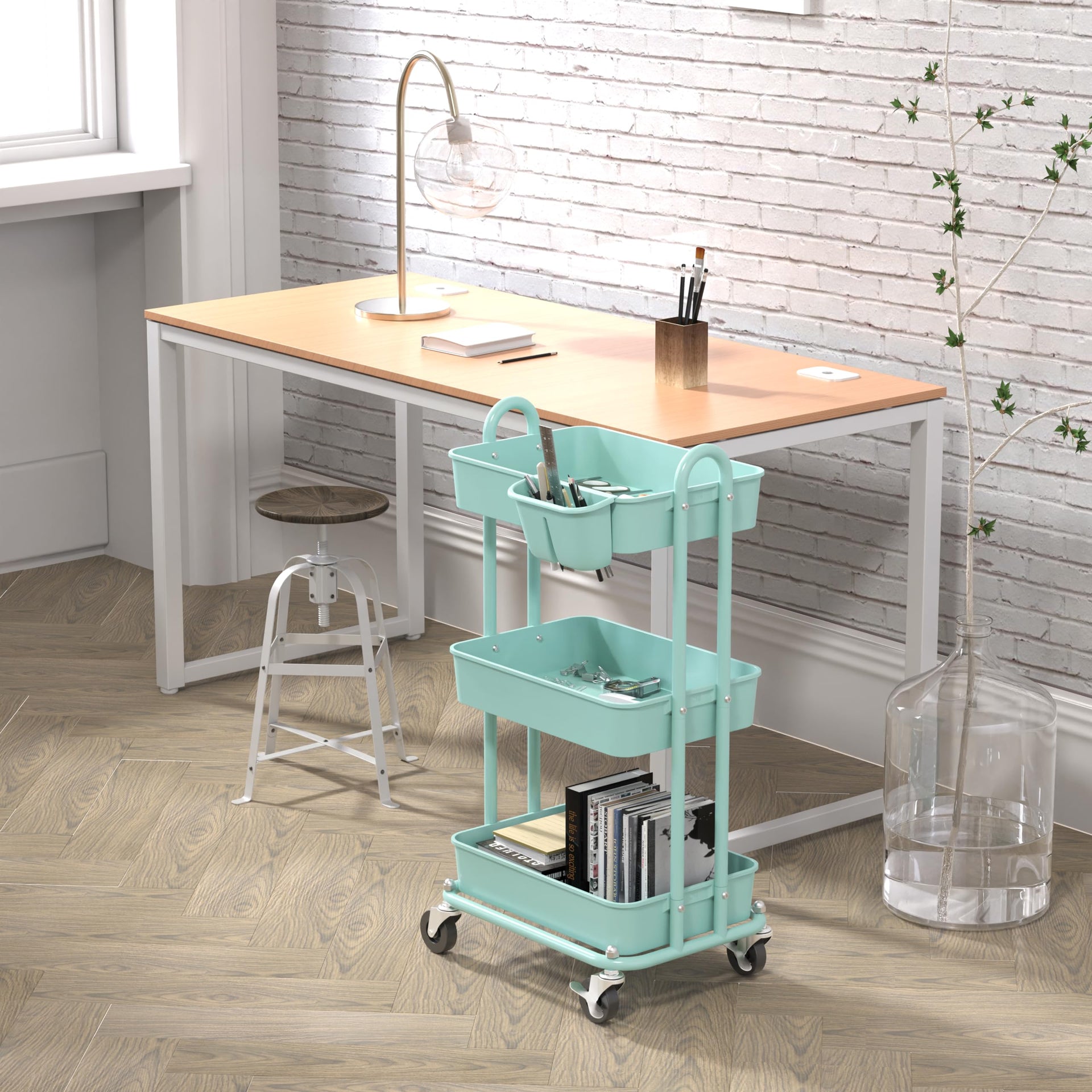 3 Tier Rolling Utility Cart with Hanging Bucket
