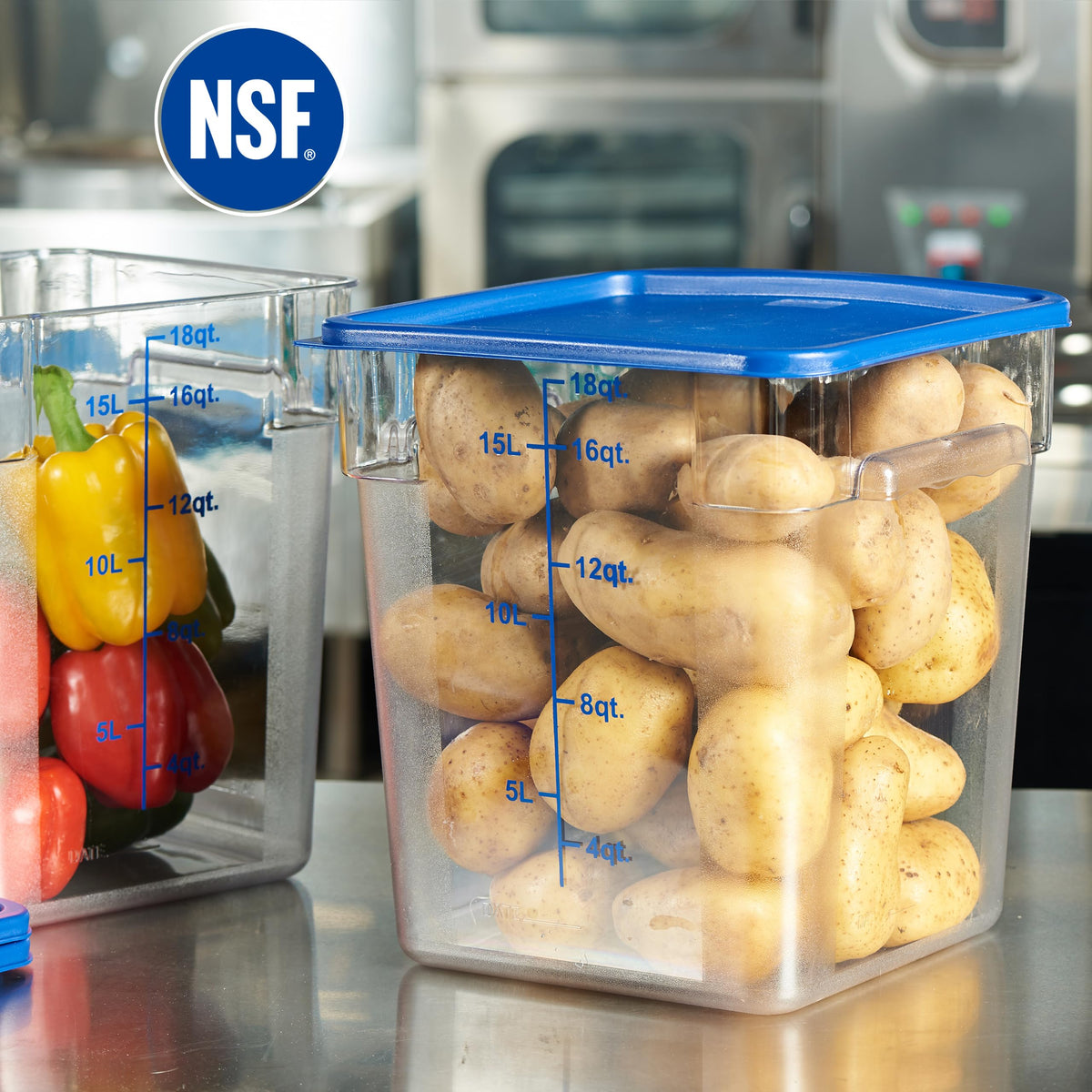 8 Pack 18 Qt NSF Clear Polycarbonate Food Storage Containers with Blue Lids (8 Count)