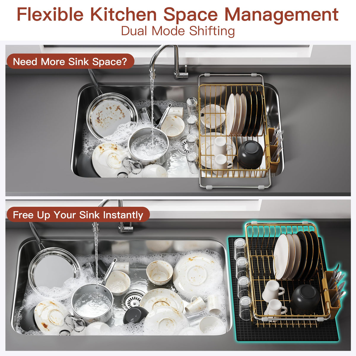 Gold Dish Drying Rack in Sink with Mat