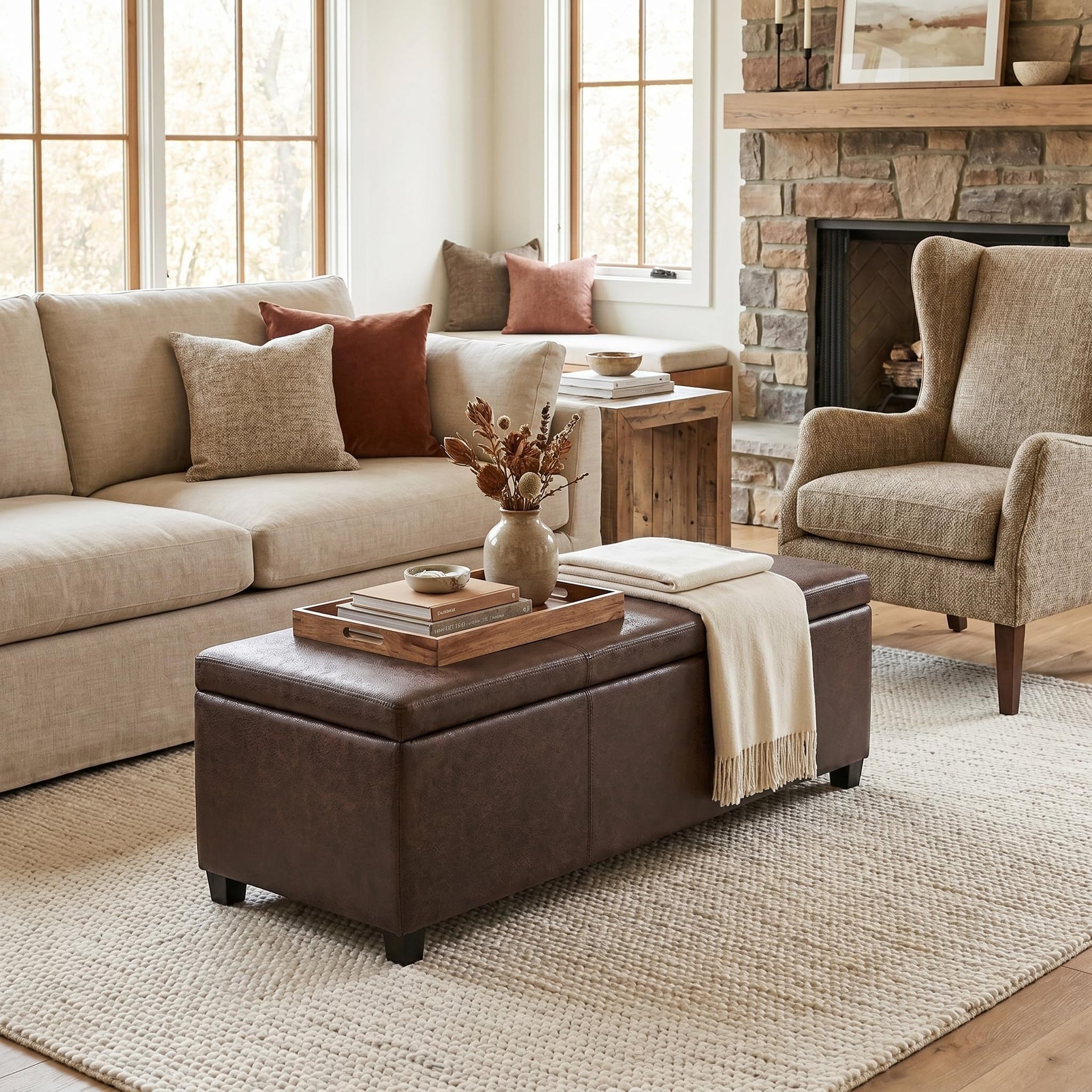 Avalon 48" Wide Vegan Leather Storage Ottoman in Brown
