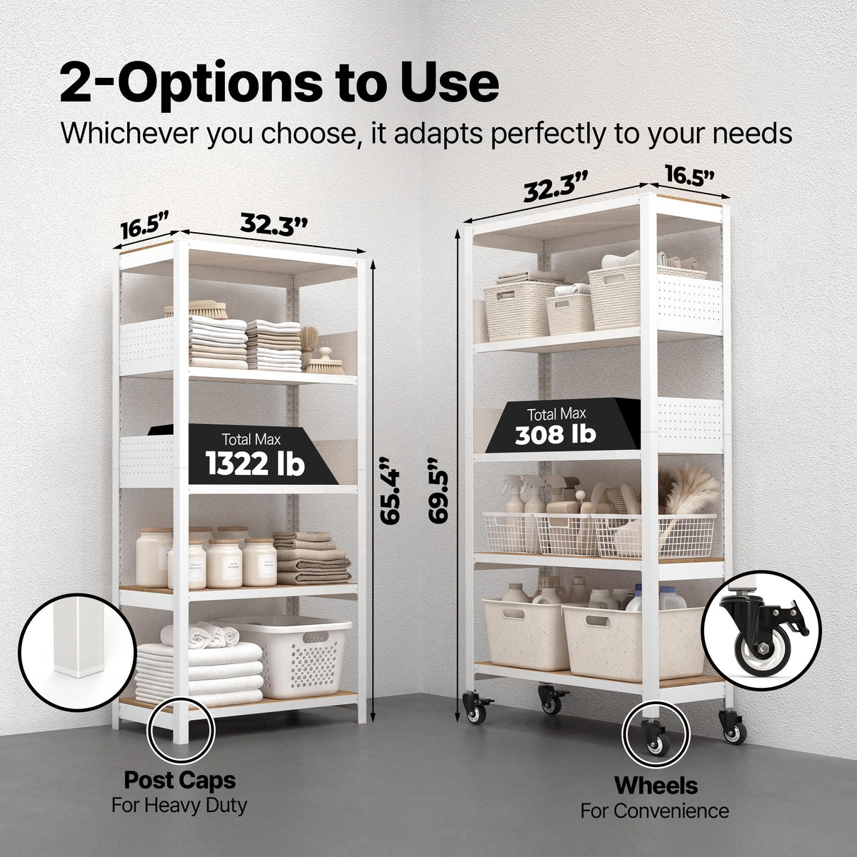 5 Tier Rolling Shelving Unit with Lockable Wheels Multipurpose Storage Cart with Pegboards for Kitchen Laundry Pantry 32" W 2Pack (2 Count)