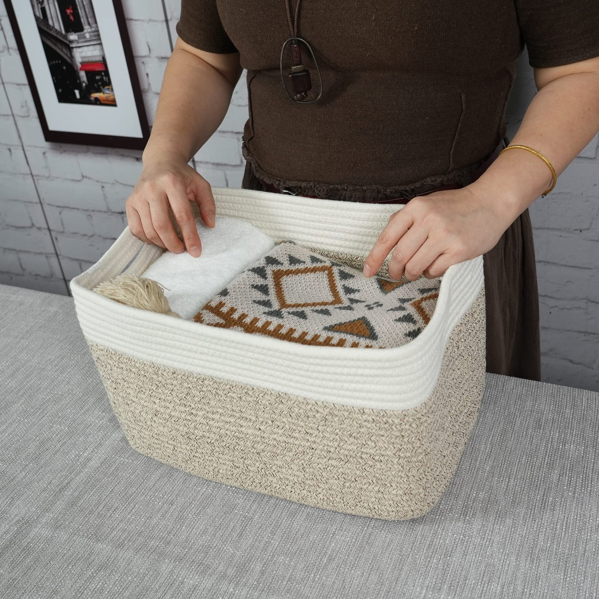 Woven Cotton Rope Storage Baskets 15x10x9.3" 3 Pack White and Brown