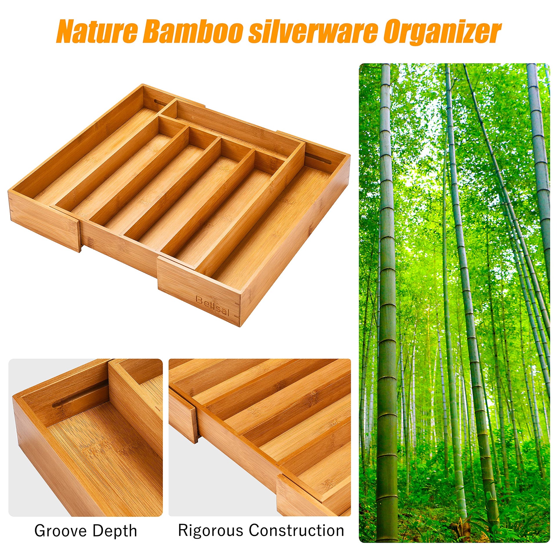 Silverware Organizer Kitchen Drawer Organizer Expandable Bamboo Utensil Holder Cutlery Tray for Kitchen Utensil and Flatware Bedroom Office