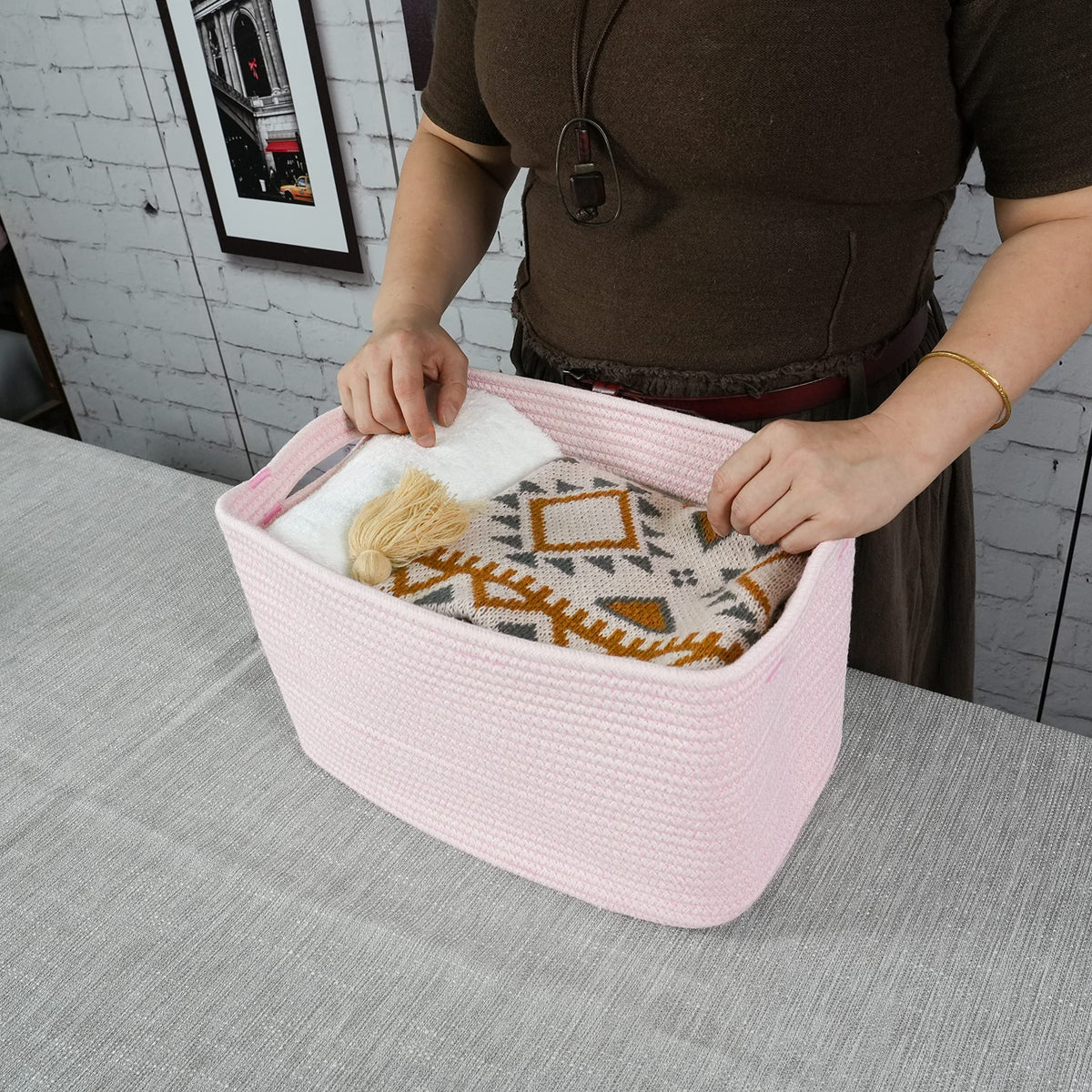 Woven Cotton Rope Storage Baskets 15x10x9.3" 3 Pack Light Pink