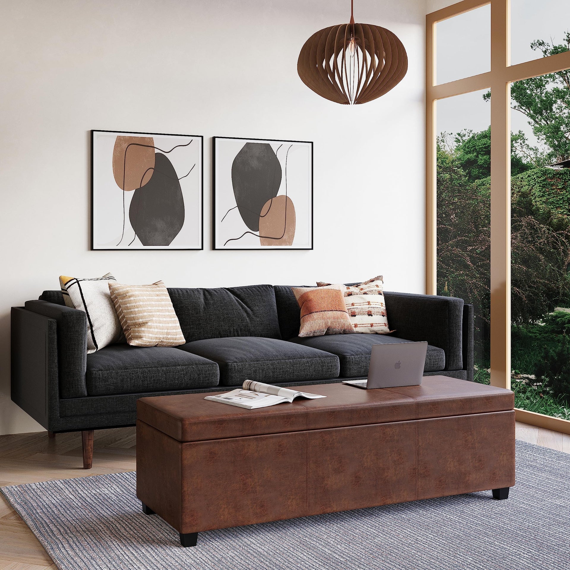 Avalon 54" Wide Vegan Leather Storage Ottoman in Brown