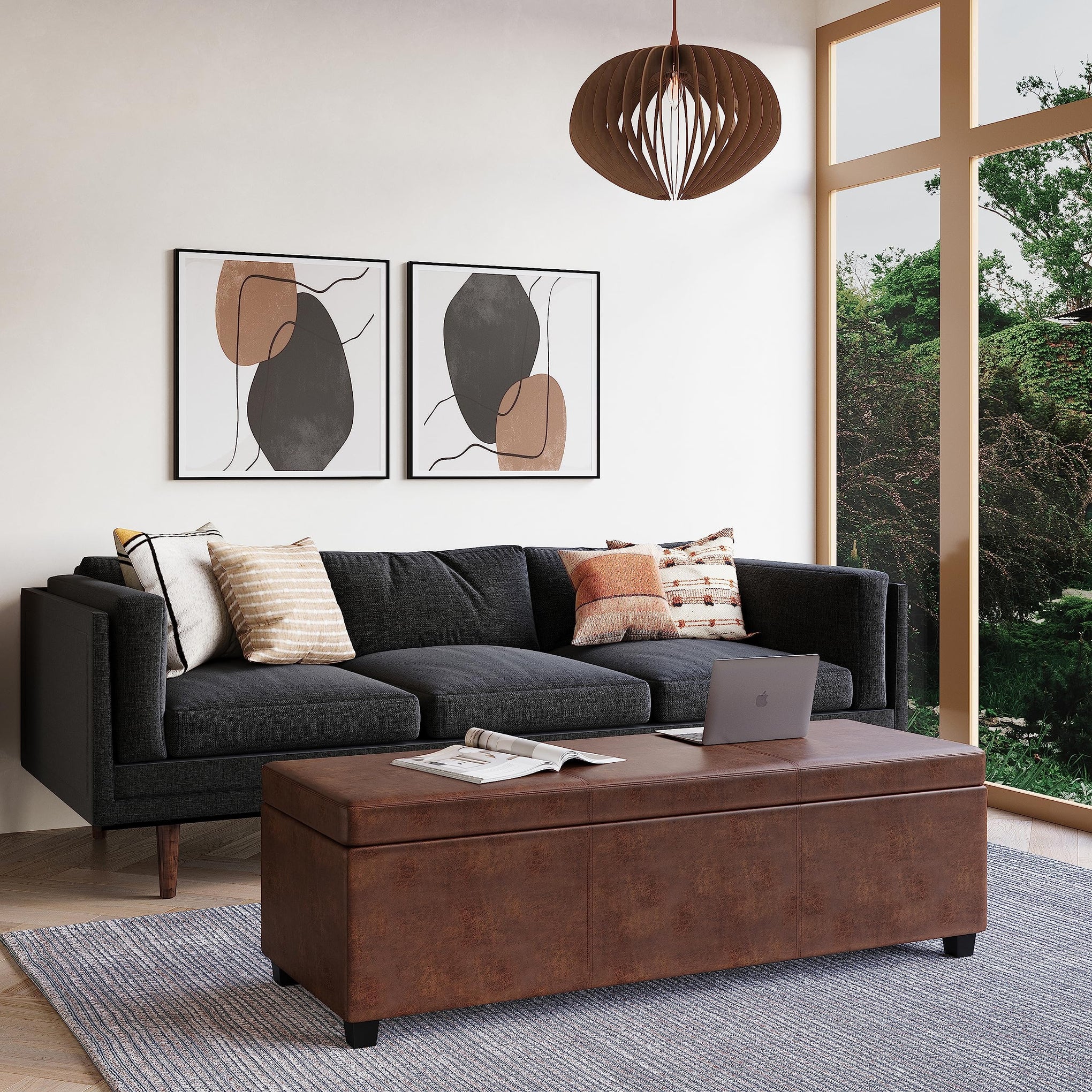 Avalon 54" Wide Vegan Leather Storage Ottoman in Brown