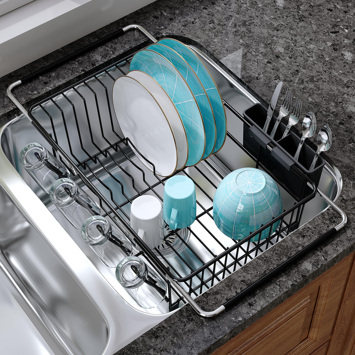 Black Dish Drying Rack in Sink