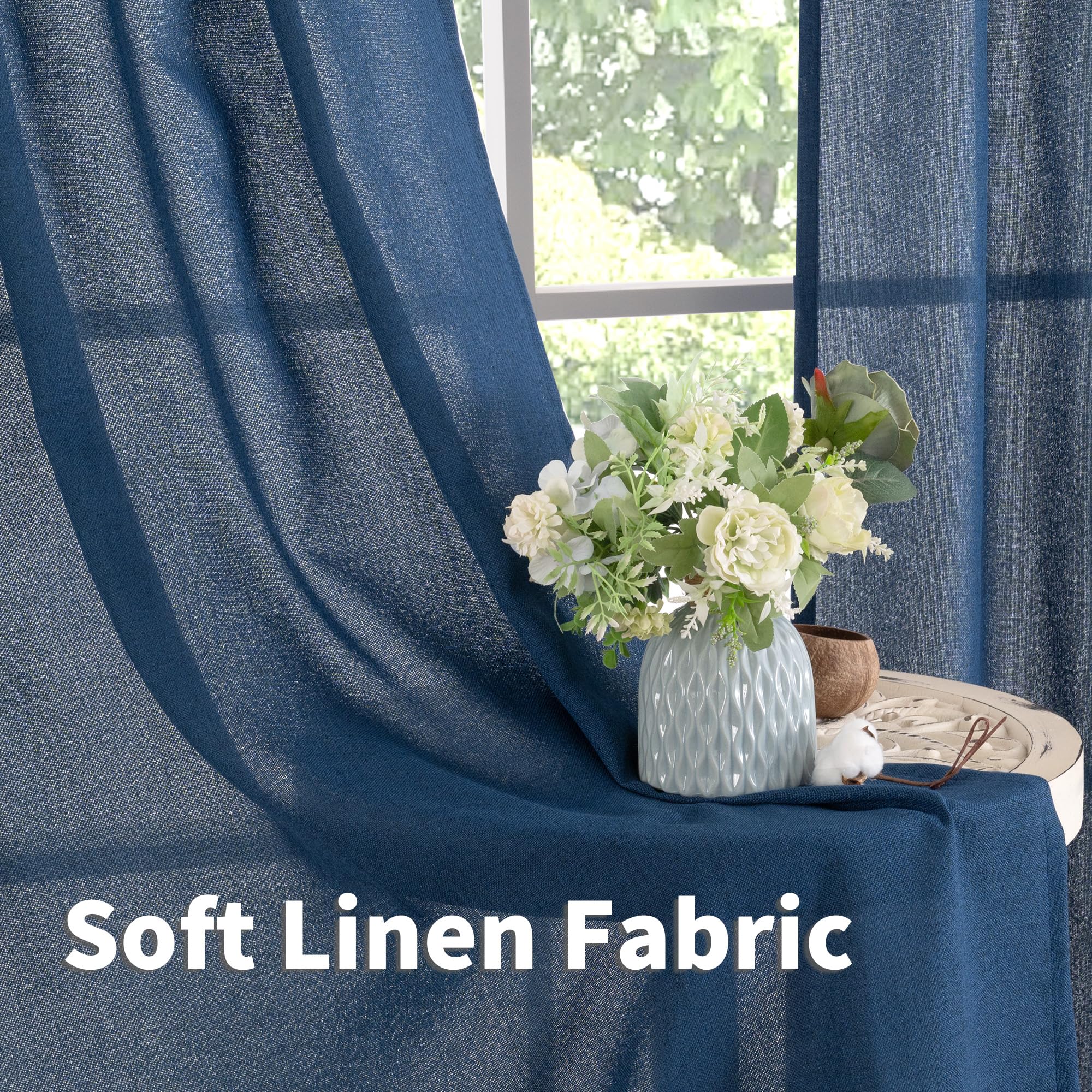 Navy Blue Linen Curtains 48 Inch Length (2 Count)
