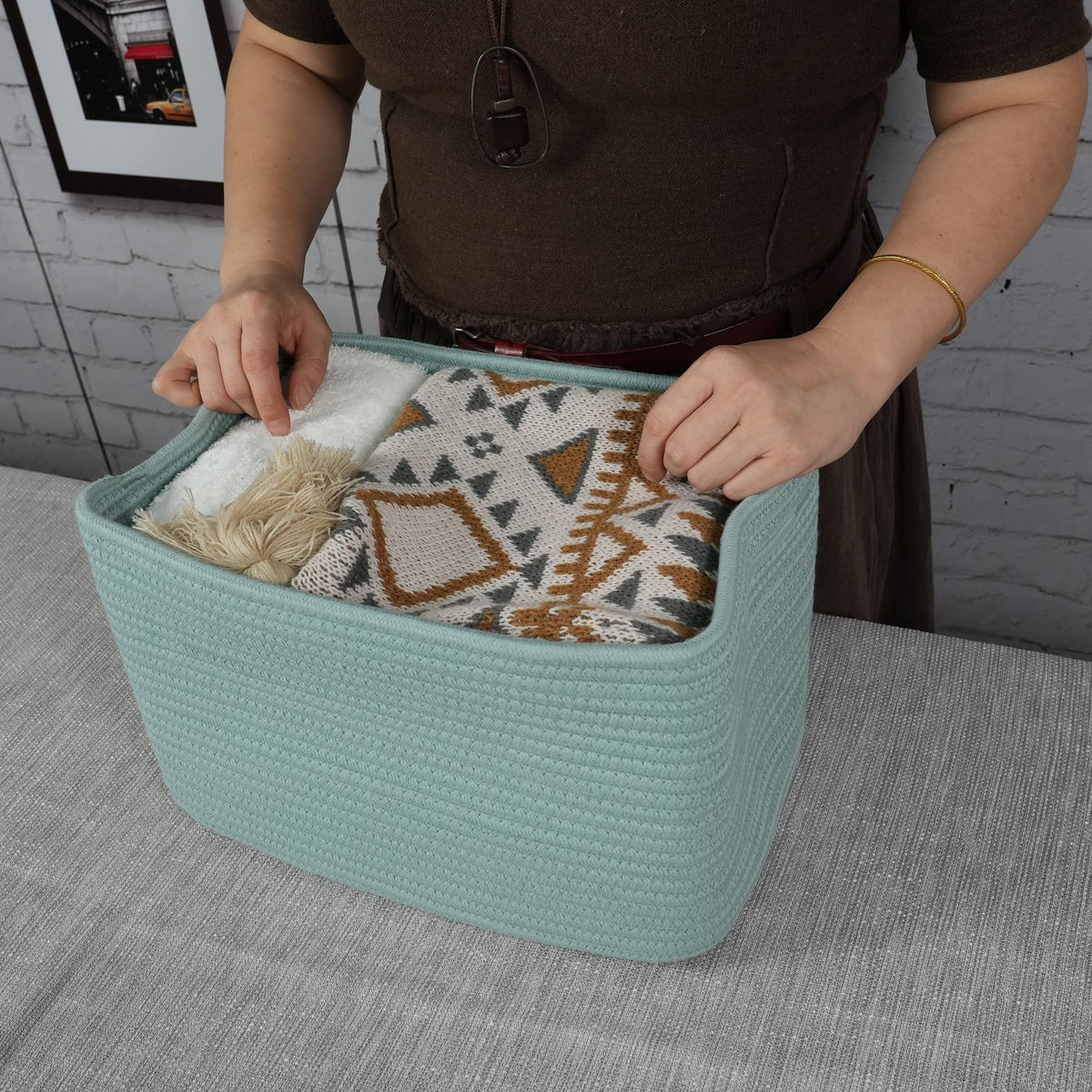 Woven Cotton Rope Storage Baskets 15x10x9.3" 3 Pack Green